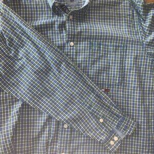Tommy Hilfiger Button Up Shirt Large Blue Green Plaid Long Sleeve Men Logo